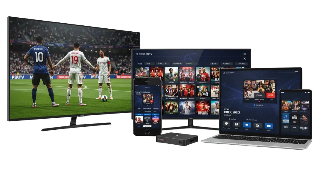 OneIPTV IPTV displayed across TV, monitor, laptop, phone and tablet